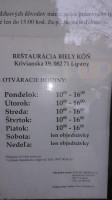 Piváreň Biely Kôň menu